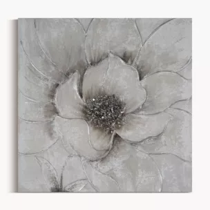 Obraz roślinny szaro, srebrzysty ręcznie malowany na płótnie kwiat z dodatkami cyrkonii 50x50 cm FLOWERY