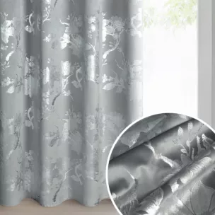 Zasłona stalowo, srebrna zdobiona nadrukiem błyszczących kwiatów 140x250 cm przelotka - CELIA