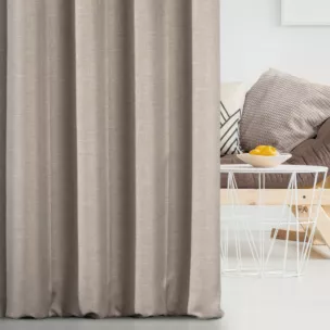 Zasłona szyta na taśmie 5 cm ciemnobeżowa z tkaniny zaciemniającej typu dimout o naturalnym splocie, z efektem melanżu