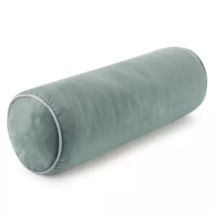 Poduszka dekoracyjna wałek 15 x 45 cm welwetowa ciemnomiętowa zdobiony kontrastującą lamówką GAJA