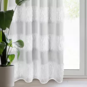 Firana biała z etaminy zdobiona pasami i moherową nicią 140x250 cm przelotka MARGARET 1