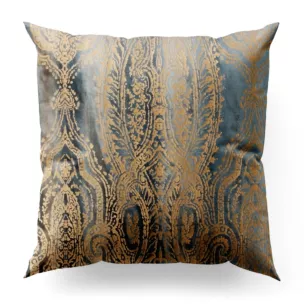 Poszewka szyta niebiesko złocista z grubej welwetowej tkaniny w elegancki połyskujący wzór