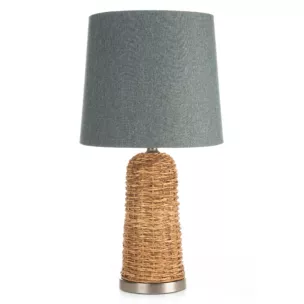 Lampa stołowa do kuchni szaro, jasnobrązowa ARLO w stylu boho z plecionej podstawy i matowego abażuru