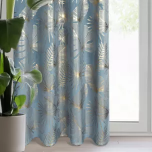 Zasłona niebiesko, szampańska z nadrukiem liści, welwetowa 135x250 przelotka ARIA