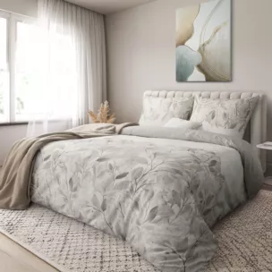 Pościel 220x200 cm satyna bawełniana kolor srebrno, biały z wzorem roślinnym SPRING 63