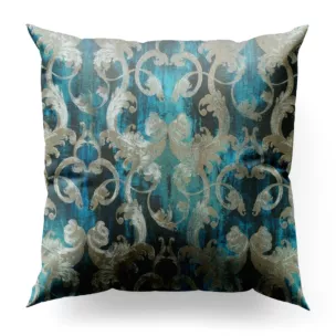 Poszewka szyta ciemnoturkusowo srebrna z miękkiej tkaniny w elegancki ornamentowy wzór