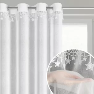 Firana świąteczna biała z etaminy zdobiona aplikacją z motywem gwiazdek 140x250 cm przelotki - XMAS