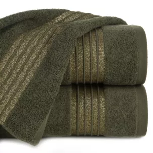 Ręcznik do rąk 30x50 cm bawełniany kolor oliwkowy zdobiony paseczkami przeszywanymi błyszczącą nicią 500 g/m2 LILA