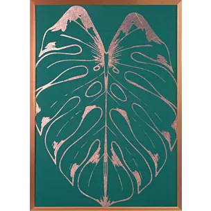 Obraz roślinny zielony z różowego złota z błyszczącym nadrukiem liścia monstery w miedzianej ramie 53x73 cm SALVIA 6 LIMITED COLLECTION