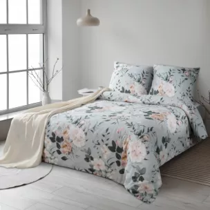 Pościel 140x200 cm bawełna ranforce kolor szary, stalowy z motywem kwiatów ROSITA