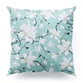 Poszewka szyta miętowa z miękkiej w dotyku tkaniny, z motywem kwitnących magnolii