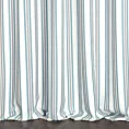 Zasłona szyta na tunelu jasnokremowo turkusowa z tkaniny o naturalnym splocie z nadrukowanym wzorem w pasy