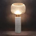 Lampa stołowa do salonu biało, złota LUKA o marmurowej podstawie i szklanym tłoczonym kloszem