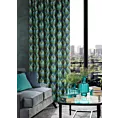 Zasłona szyta na flexach czarno turkusowa z tkaniny w elegancki geometryczny wzór z błyszczącą nicią