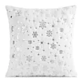 Poszewka na poduszkę świąteczna 45x45 cm biało, srebrna z przyjemnego futerka zdobiona nadrukiem śnieżynek