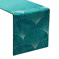Bieżnik na stół ciemnoturkusowo, złoty 35x140 cm welwetowy BLINK 14 z dużym wzorem wachlarzy w stylu art deco