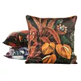 Poszewka na poduszkę 45x45 cm welwetowa, czarno pomarańczowa zdobiona nadrukiem liści i elegancką lamówką VELVET 104