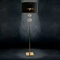 Lampa stojąca do pokoju czarno, złota ARIANA na podstawie łączącej szkło metal i abażur z matowej nici