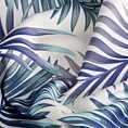 Obrus szyty JAZIR naturalno ciemnoniebieski z miękkiej tkaniny typu blackout drukowanej w egzotyczne liście