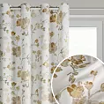 Zasłona biało, beżowa z tkaniny zaciemniającej zdobiona nadrukiem kwiatów i złotym wykończeniem 140x250 cm złote przelotki - NELIA