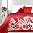 Koc 150x200 cm czerwono, biały świąteczny z motywem domku RUDOLF