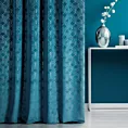 Zasłona szyta na taśmie 5 cm ISMENA ciemnoturkusowa z tkaniny welwetowej z geometrycznym błyszczącym nadrukiem