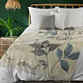 Koc bawełniano-akrylowy 150x200 cm kremowo, niebieski z motywem liści zakończony frędzlami AKRYL 20 Eurofirany Premium