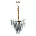 Lampa wisząca do salonu transparentno, złota MARLA ze szklanymi zawieszkami z dymionego szkła, z regulacją wysokości