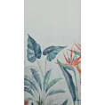 Tkanina firanowa lekka matowa etamina z  nadrukiem egzotycznych liści, wykończona obciążnikiem