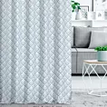 Zasłona szyta na tunelu jasnokremowo turkusowa z tkaniny o naturalnym splocie z nadrukowanym geometrycznym wzorem