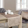 Bieżnik na stół beżowy 40x140 cm welwetowy GOJA z błyszczącym nadrukiem w formie liści miłorzębu PIERRE CARDIN