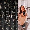Zasłona welwetowa czarno, szampańska z nadrukiem kwiatu jabłoni 140x270 cm taśma - SELENA