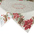 Obrus 100x100 cm srebrzysto, czerwony gobelinowy z motywem świątecznym, przetykany srebrną nicią