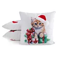 Poszewka na poduszkę świąteczna 45x45 cm welwetowa biało, czerwona zdobiona uroczym nadrukiem kotka