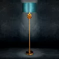 Lampa stojąca do pokoju turkusowo, złota MUSA z podstawą łączącą szkło i metal oraz welwetowym abażurem