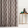 Zasłona szyta na flexach ciemnobeżowo srebrna z eleganckiej tkaniny w drobny ornamentowy wzór