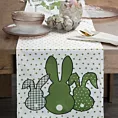 Bieżnik na stół biało, zielony 35x140 cm welwetowy WIOSNA 1 zdobiony nadrukiem siedzących zajączków