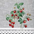 Zazdrostka biało, zielona z etaminy zdobiona nadrukiem truskawek i koronką 30x150 cm KSENIA