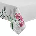 Obrus biało, różowy 140x280 cm z dodatkiem lnu NATU 7 z nadrukiem z motywem roślinnym