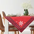 Bieżnik na stół czerwono, czarny 85x85 cm welwetowy RUDOLF z motywem śnieżynek i ozdobną kantą w kratę
