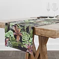 Obrus szyty CARLITA czarno zielony z miękkiej tkaniny typu blackout drukowanej w botaniczny wzór