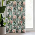 Zasłona miętowa w różowe róże z efektem akwareli z etaminy 140x250 cm przelotka INKA