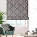 Roleta rzymska popielato szara tkanina w ornamentowy wzór, z dodatkiem połyskującej nici