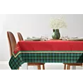 Obrus czerwono, zielony 140x200 cm gobelinowy CHERRY z motywem złotych śnieżynek i ozdobną kantą w kratę