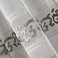 Firana biało, szara zdobiona mereżką, ornamentowym wzorem z welwetu 140x270 cm przelotka ANNE DIVA LINE