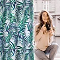 Zasłona biało, granatowa zdobiona nadrukiem palmowych liści 140x250 cm przelotka - PALMAS