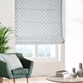Roleta rzymska kremowo grafitowa z tkaniny o naturalnym splocie z nadrukowanym geometrycznym wzorem