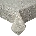 Obrus beżowo, szary 135x180 cm z żakardowej tkaniny NOEL z patchworkowym motywem przetykany srebrną nicią