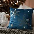 Poszewka na poduszkę świąteczna welwetowa 45x45 cm granatowa zdobiona nadrukiem szampańskich śnieżynek