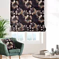 Roleta rzymska czarno brązowa z miękkiej, welwetowej tkaniny, z nadrukowanym dużym wzorem kwiatowym